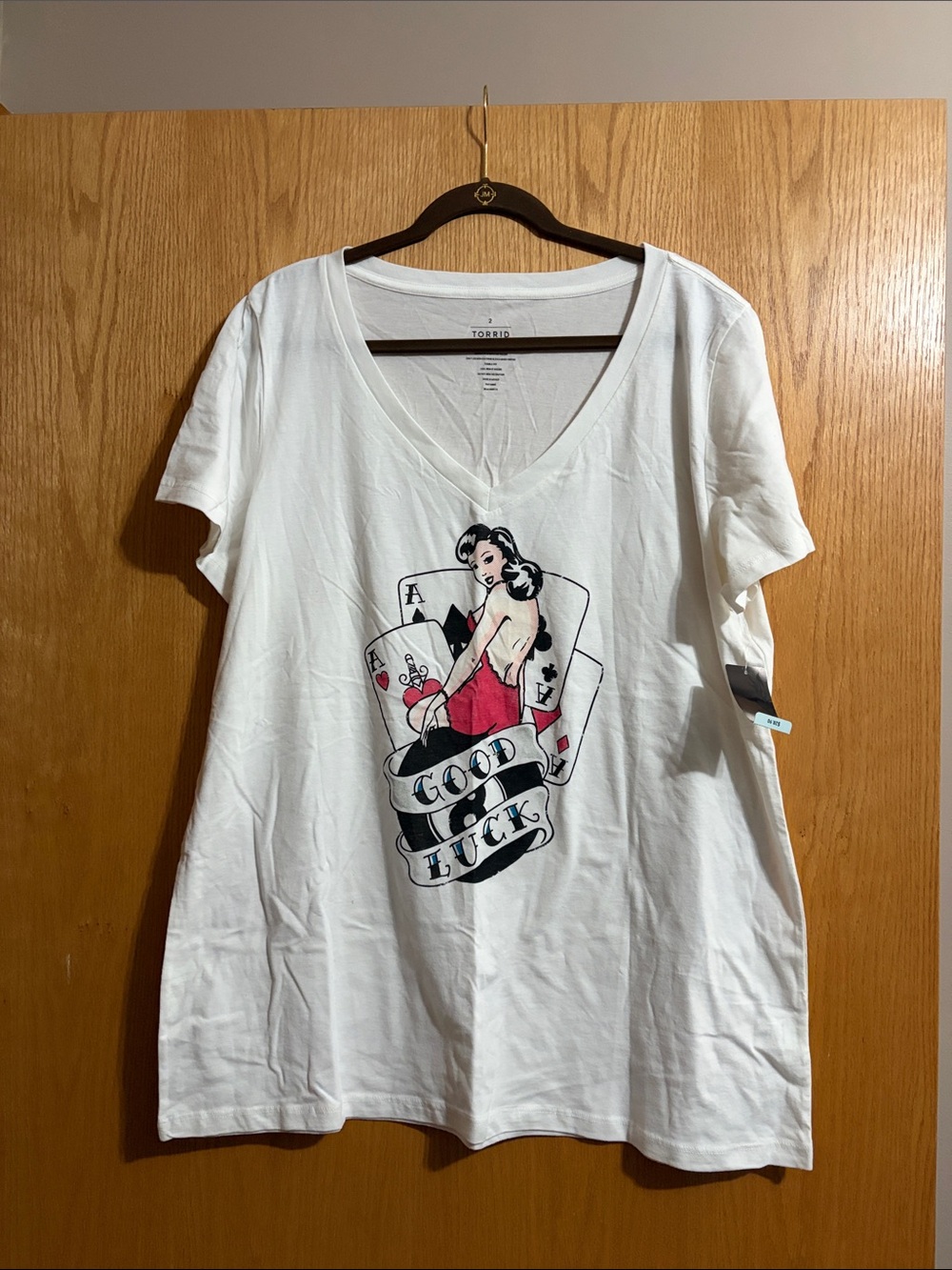 Women’s White Vintage Style Graphic Tee - Good Luck Lady and Cards